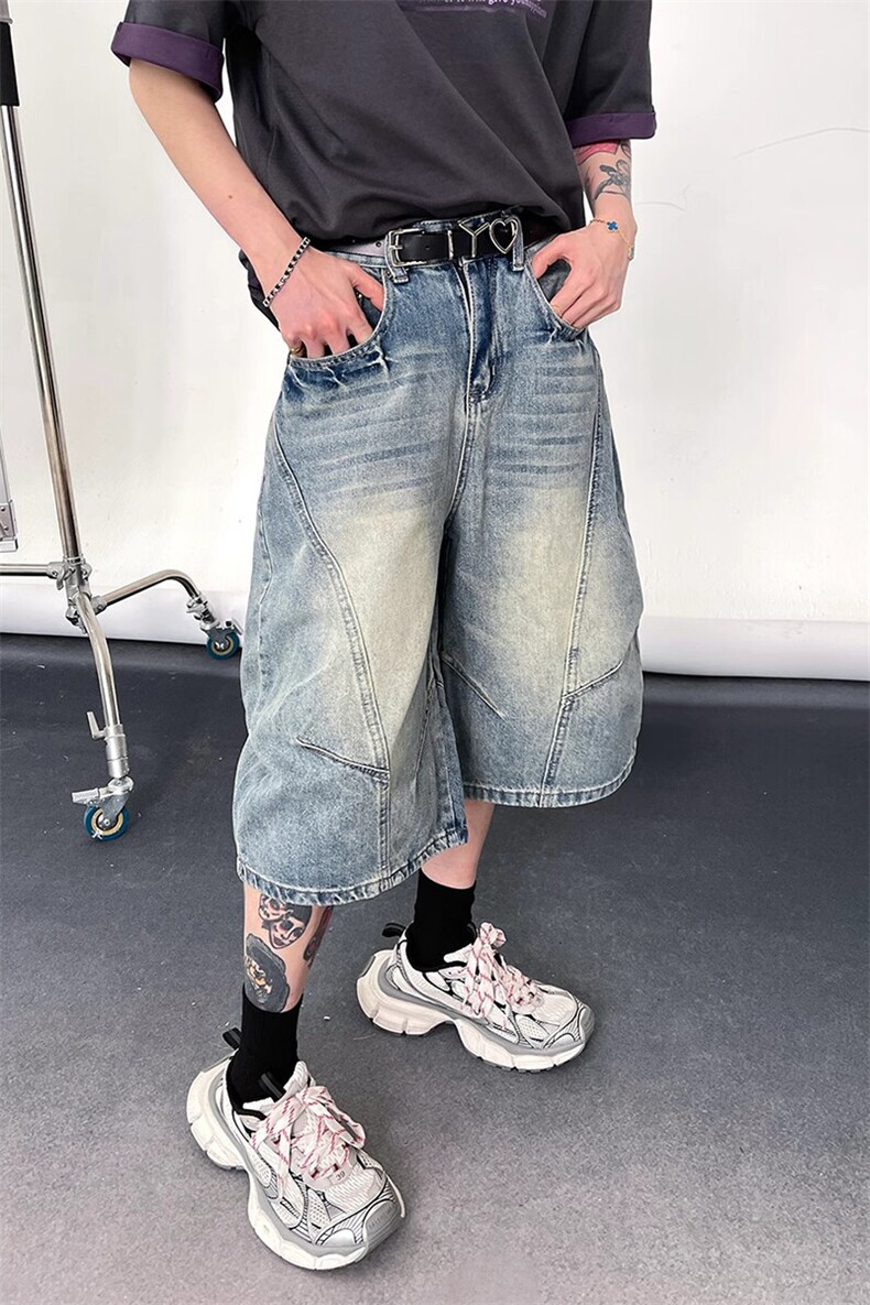 美式高街复古水洗做旧牛仔七分裤短裤直筒阔腿潮KZ24T9034--TP45,男装牛仔裤,电商A247C