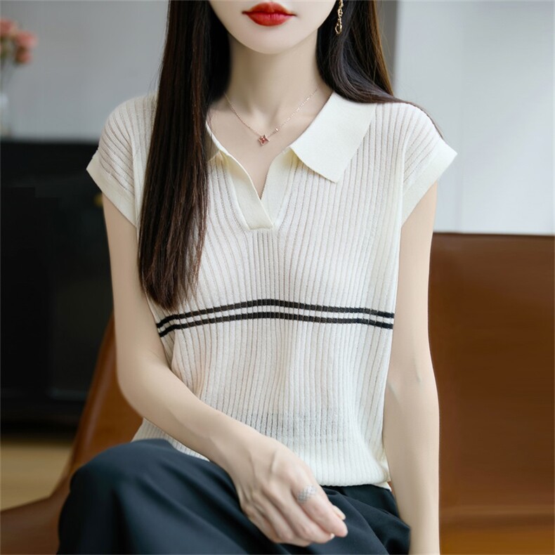 莱赛尔polo领针织小飞袖T恤女2025夏薄透气宽松短袖打底小上衣t恤,女装T恤,昭美羊绒