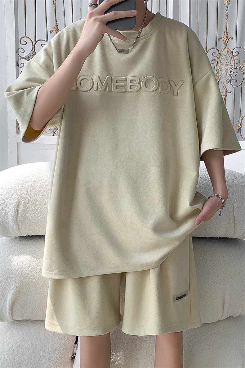 夏季宽松钢印麂皮绒套装男T恤短裤两件套港风B299-X5398-P70控88,男装牛仔裤,电商A061-1