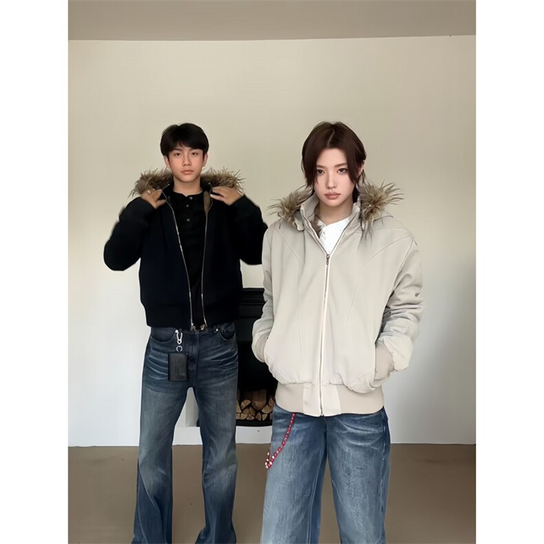 网图 美式复古座山雕短款连帽毛领棉服外套 W1896/特P120图片