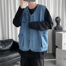 极简文艺V领宽松牛仔马甲复古工装机能风休闲马甲HY26TP60控98，男装工装外套，电商A102B