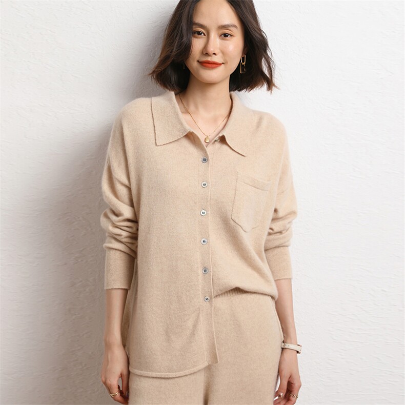 山羊绒开衫女POLO领宽松针织衫毛衣外套2024年秋季图片