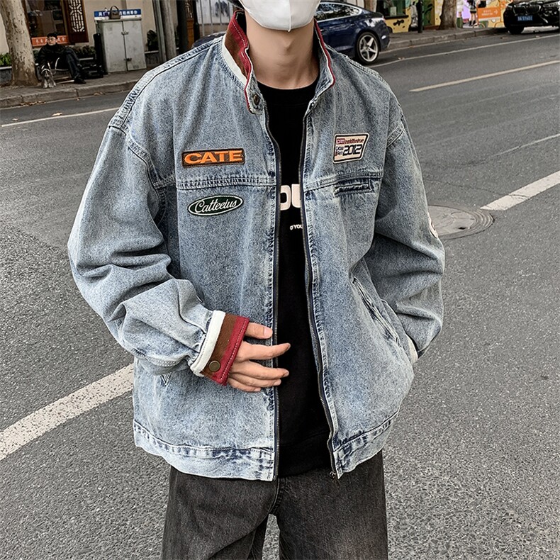 字母刺绣复古牛仔外套春秋季潮流宽松时尚百搭立领夹克,男装工装外套,星座410-6（原星座1304-1）