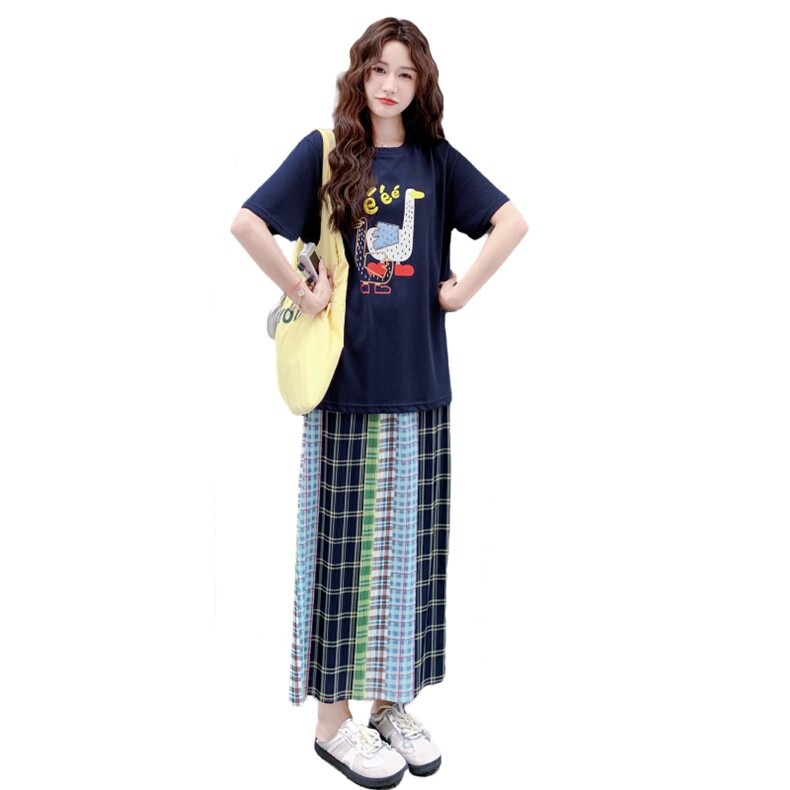 趣味印花T恤复古格子半身裙套装女2025年夏季新款简约显瘦两件套,女装连衣裙,2D008