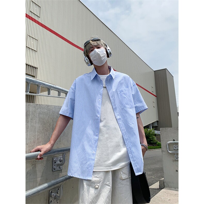 美式条纹拼接翻领短袖衬衫男夏季潮牌轻薄凉感宽松学院风衬衣外套,男装衬衫,电商A007