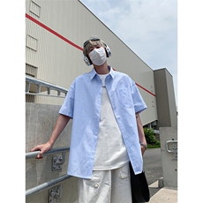 美式条纹拼接翻领短袖衬衫男夏季潮牌轻薄凉感宽松学院风衬衣外套，男装衬衫，电商A007