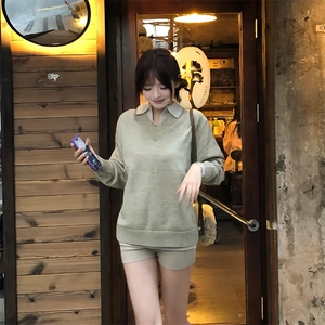 重磅北极绒假两件衬衫领毛衣美式高街复古休闲慵懒纯色翻领针织衫图片