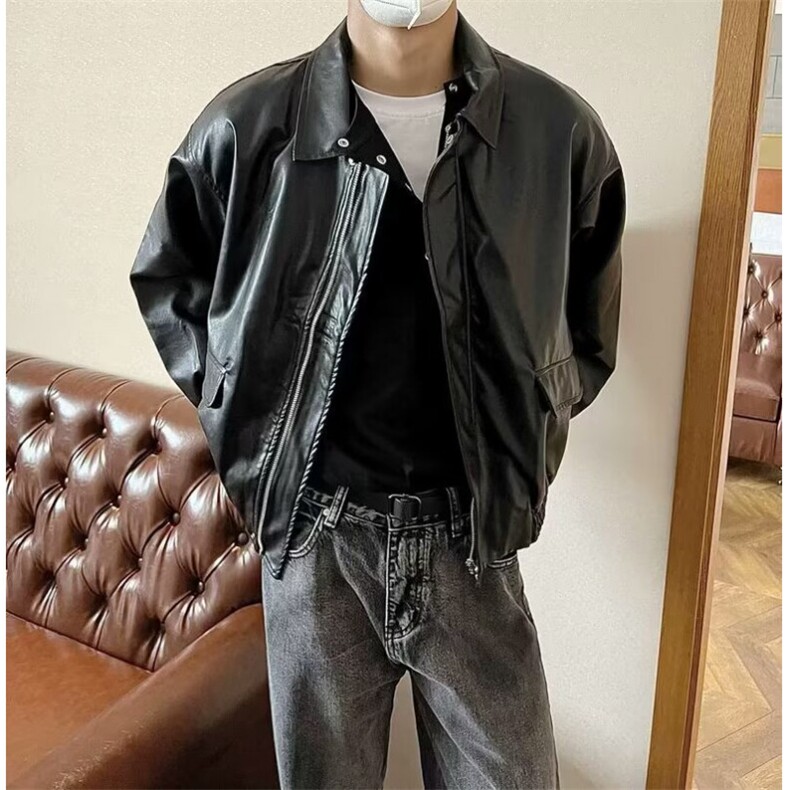 美式休闲纯色秋季高级感皮衣外套男宽松pu皮复古潮流翻领机车夹克,男装夹克,星座506A