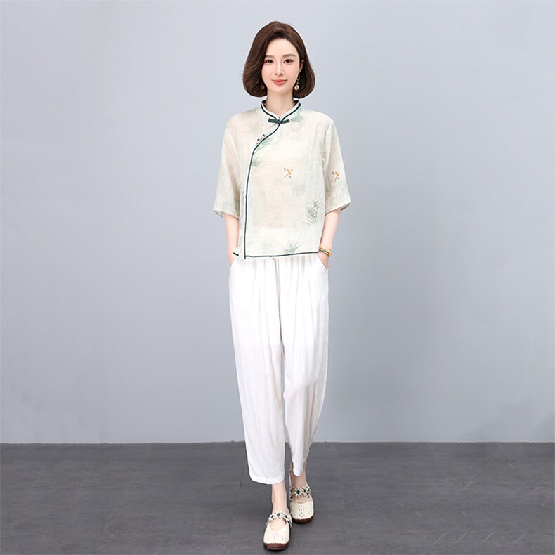 实体店同款2025夏新款苎麻印花衬衫立领手工盘扣体恤衫显瘦衬衣,女装套装/套裙,凝聚力