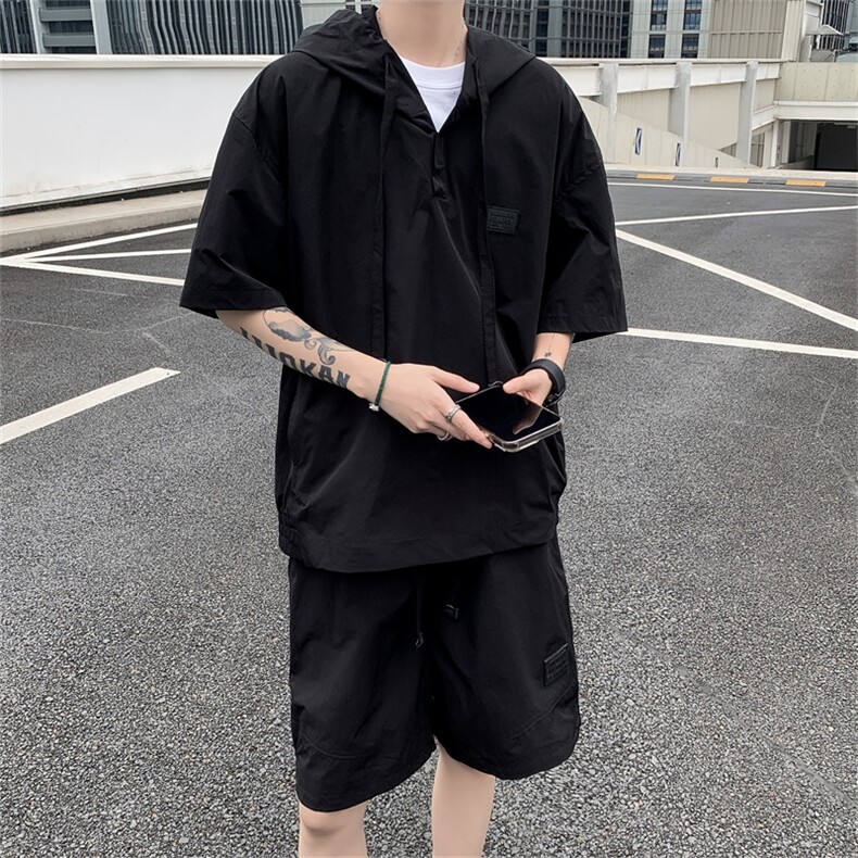 夏季轻薄透气防晒连帽短袖短裤两件套男潮流简约纯色宽松休闲套装,男装牛仔裤,星座505-2（原电商A260-1)