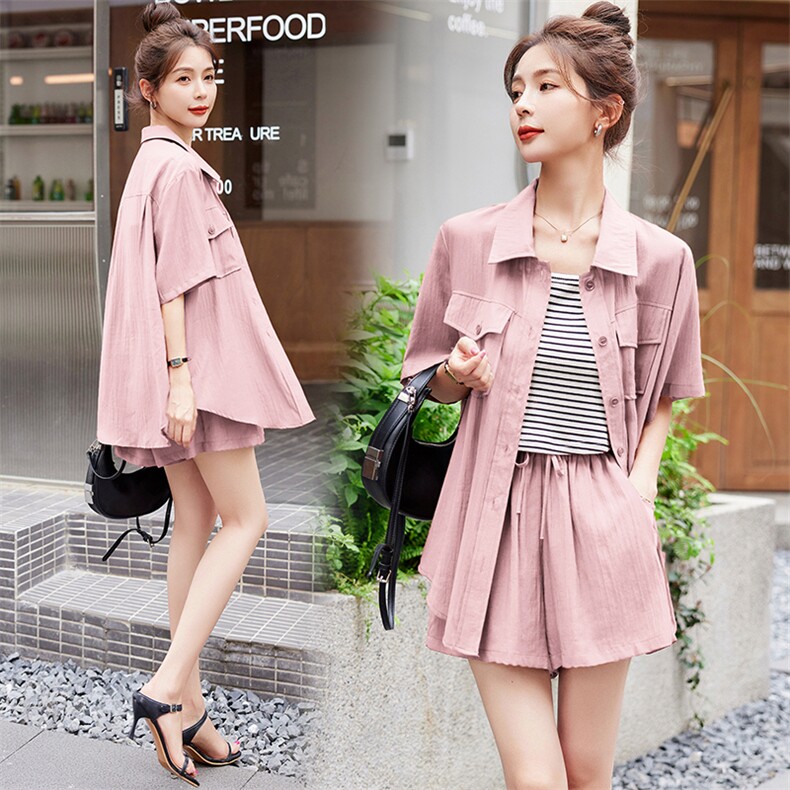 2023高级感工装套装夏季新款美式复古衬衫外套短裤时尚三件套，女装套装/套裙，悠米