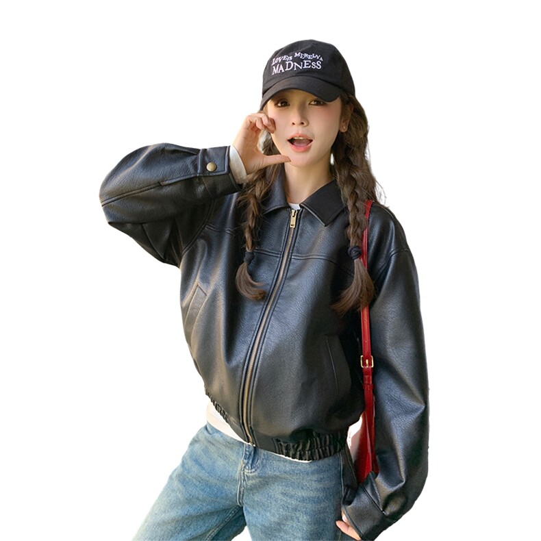 酷飒黑色高级感皮衣外套女2025年春季新款宽松休闲百搭机车服夹克,女装皮衣,2C232
