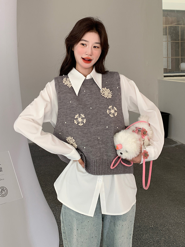时尚设计感立体花朵针织马甲套装女2025春季小个子气质衬衫两件套,女装马甲,维壹
