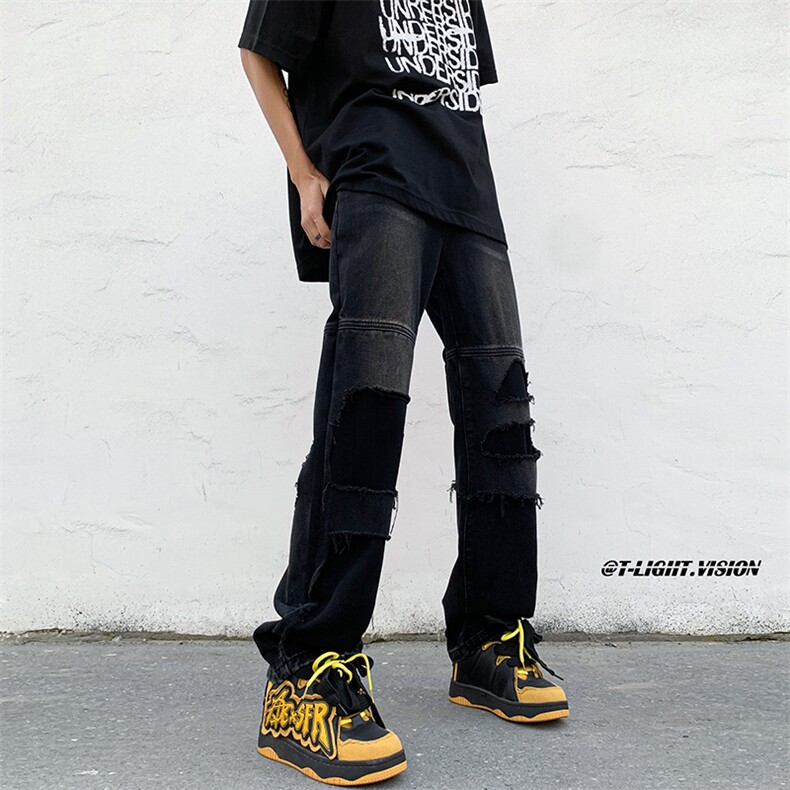 B221美式ins高街暗黑小众撞色破洞直筒牛仔裤LK23109-P65控88,男装牛仔裤,电商B221