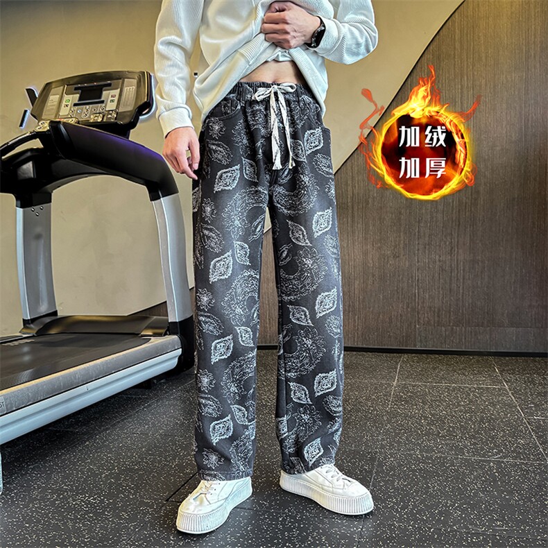秋冬加绒牛仔裤 男士个性树叶印花直筒牛仔弯刀裤潮901N50加绒P68图片