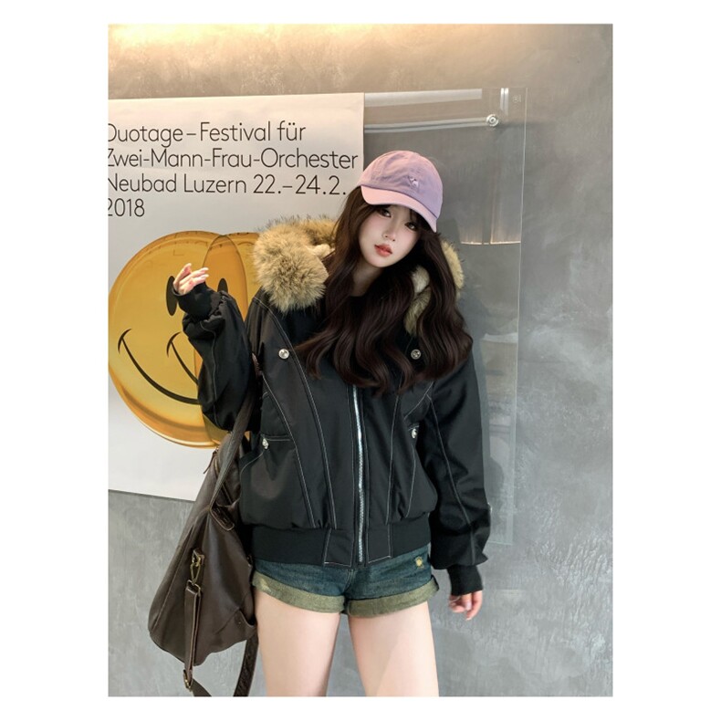 美式chic外套男女2025新款连帽拼接加厚毛绒座山雕短款黑色棉服,男装棉衣,星座601-1