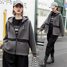 2020冬装新款时尚加绒连帽卫衣开衫外套，女装卫衣/绒衫，深水步