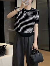 复古时尚条纹薄款短袖针织衫女夏季套头，女装针织衫/毛衣，圣旺供货