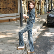 牛仔套装女2025新款春季时尚洋气减龄小个子短款外套裤子两件套潮，女装套装/套裙，意芙