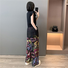 小个子时尚减龄套装显瘦圆领正肩黑色网纱拼接短袖碎花长裤两件套，女装套装/套裙，江南