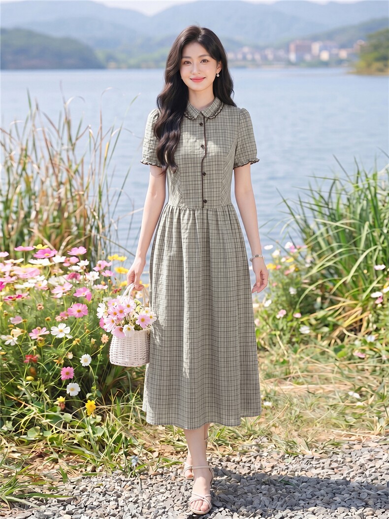 学院风格纹连衣裙女春夏收腰显瘦中长裙格子裙子,女装连衣裙,水衣源