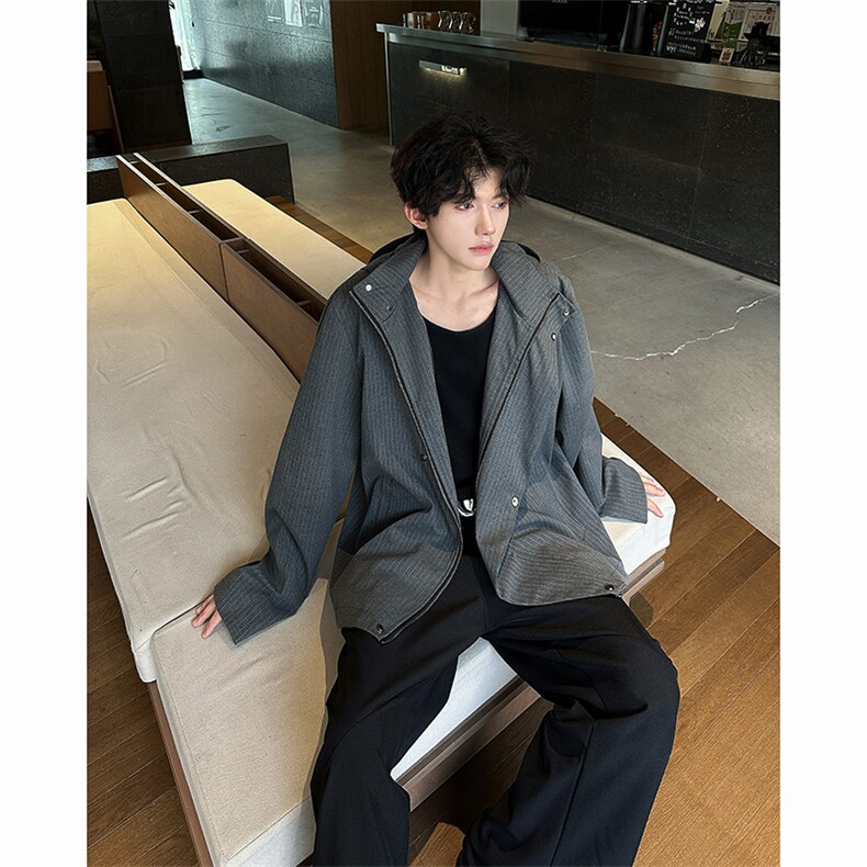 现货！25秋冬男士质感西服连帽条纹短款夹克外套特JK72-P118,男装夹克,电商B288
