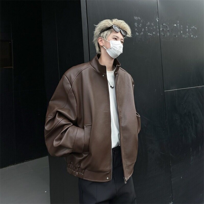 小众垫肩夹克外套男设计感廓形翻领pu皮衣拉链外套复古W6282-P72，男装皮衣，星座412-2