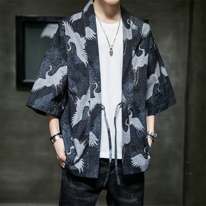 防晒衣衬衣夏季外套男士开衫七分袖仙鹤汉服复古道袍DS691T图片