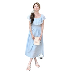 法式气质清冷感荷叶边连衣裙女2025夏季仙女风一字领两穿淡人长裙，女装连衣裙，2C229