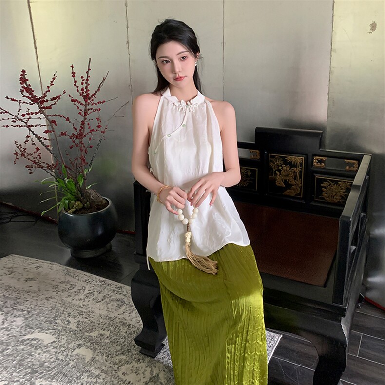 Pang You/光影漫起 波嬉风挂脖A字提花抽褶背心/荡领波点无袖背心图片