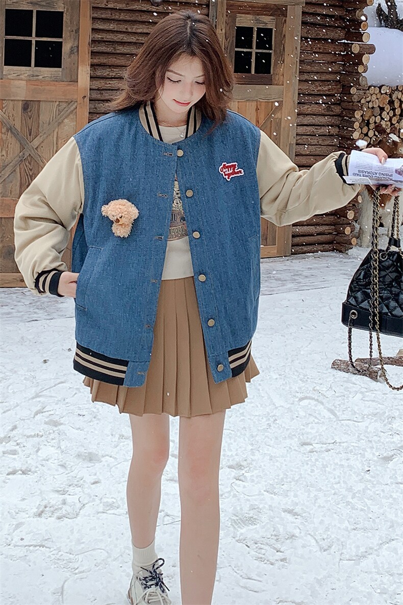 雪景牛仔加棉棒球服外套（玩偶可拆卸）显瘦百搭时尚,女装棉衣/棉服,天使之佳话