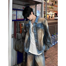 铁锈蓝短款垫肩牛仔外套男高级感痞帅工装夹克水洗做旧牛仔衣褂子，男装工装外套，星座813-2