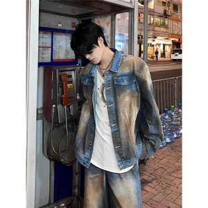 铁锈蓝短款垫肩牛仔外套男高级感痞帅工装夹克水洗做旧牛仔衣褂子图片