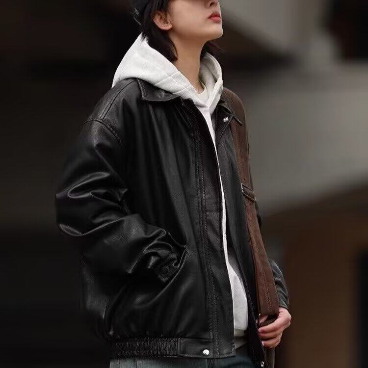 美式复古皮衣外套男女2024春秋季新款短款宽松廓形机车翻领夹克,男装夹克,星座506A