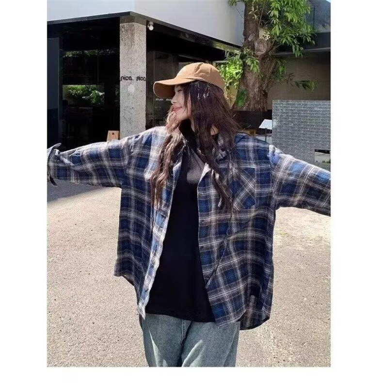 美式复古连帽蓝色格子衬衫男春夏2025薄款长袖设计感痞帅衬衣外套,男装衬衫,星座506A