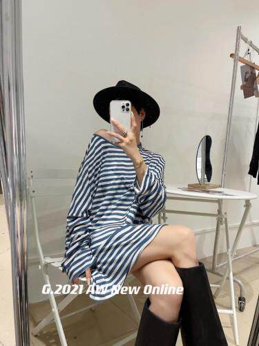 现货秋季新款条纹一字领宽松上衣慵懒风，其它，G