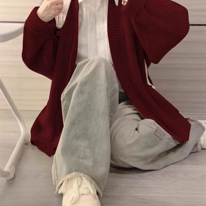 日系复古圣诞红色毛衣女秋冬高级感学院风针织衫开衫外套图片