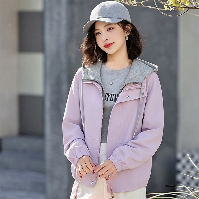 （现货）时尚假两件连帽短外套女新款宽松减龄上衣,女装短外套,韩蔻秀