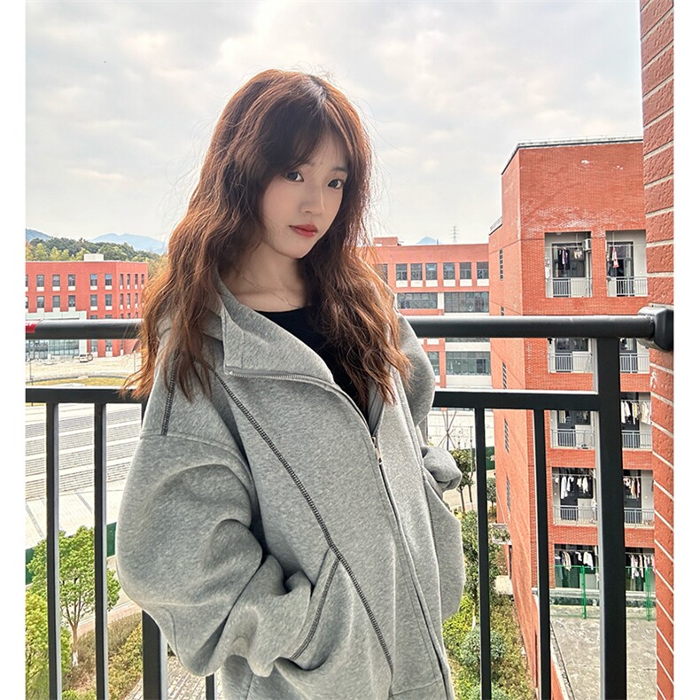 抖音得物高品质秋冬美式高街重磅结构辑明线纹理连帽卫衣外套W111,女装短外套,电商A486-1