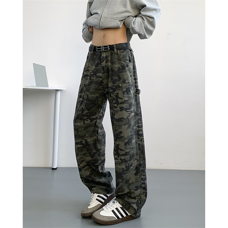 直筒裤原宿迷彩休闲裤男女美式高街潮牌NK028-常规P50加绒P60，男装休闲裤，电商D202