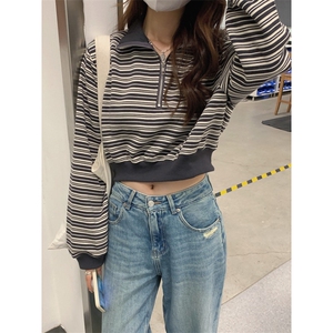 QC040-P58 半拉链立领条纹短款套头卫衣女2025春秋季新款长袖上衣图片