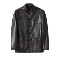 MJ-7001秋季男士休闲立领皮夹克中老年爸爸装唐装PU皮外套P110，男装皮衣，电商B360