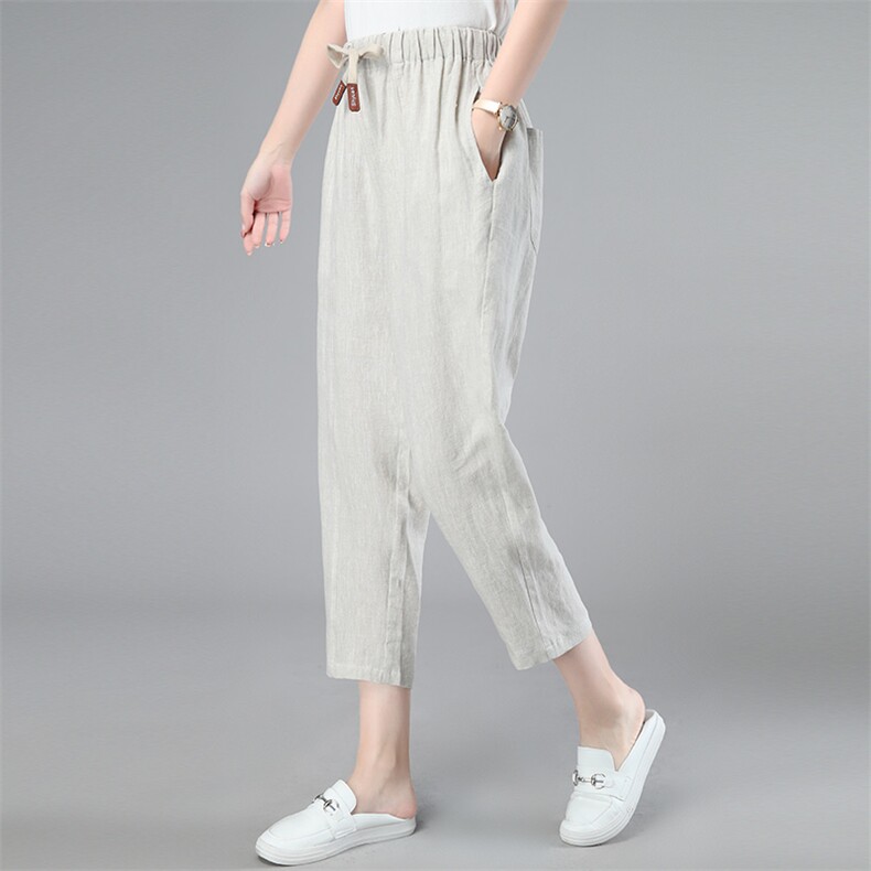 棉麻裤子女2024夏装新款亚麻松紧腰宽松萝卜裤抽绳九分妈妈小脚裤,女装休闲裤,江忆布依