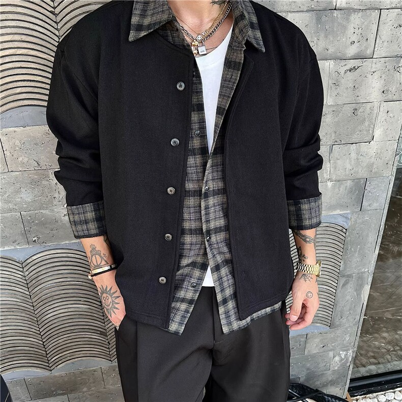 JK728-S-2XL-特P68-现货！假两件拼接新贵衬衫针织衫外套图片