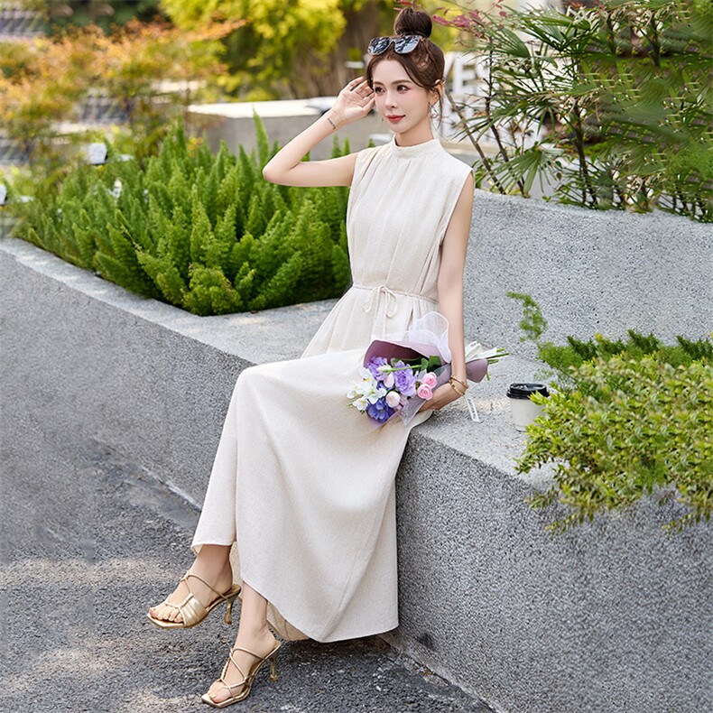 2025夏季薄款棉麻连衣裙女中长款收腰遮肚子显瘦高端无袖背心裙子,女装连衣裙,魅丽静蓝