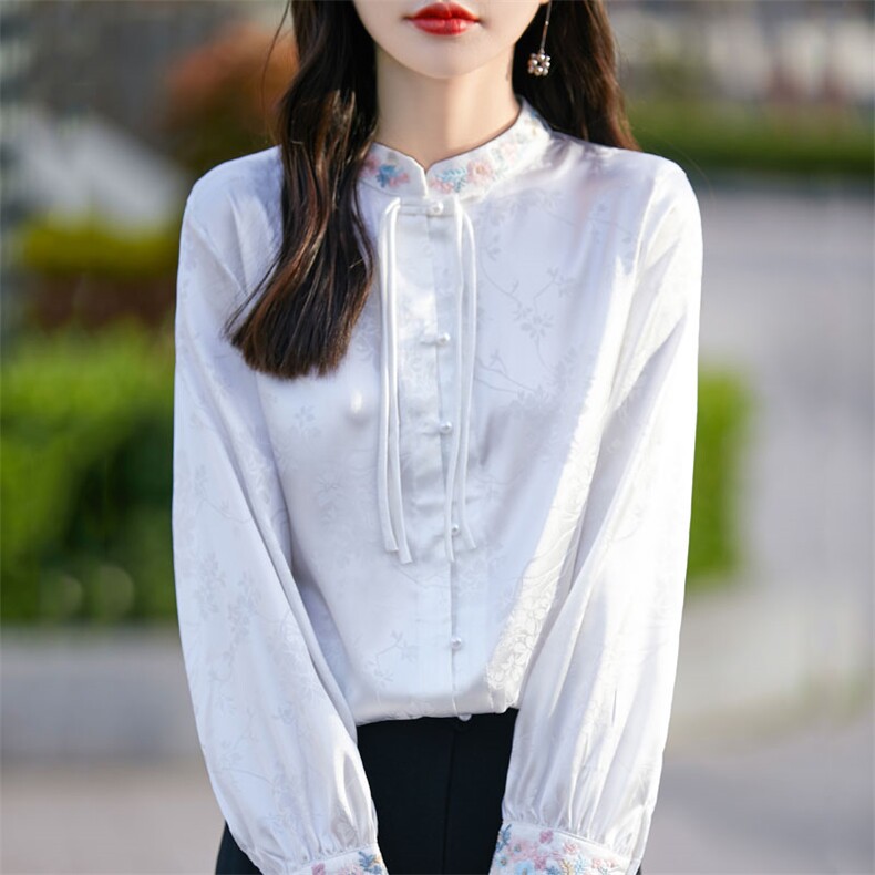 女士古风刺绣优雅气质长袖衬衫，女装衬衫，臻维羊绒