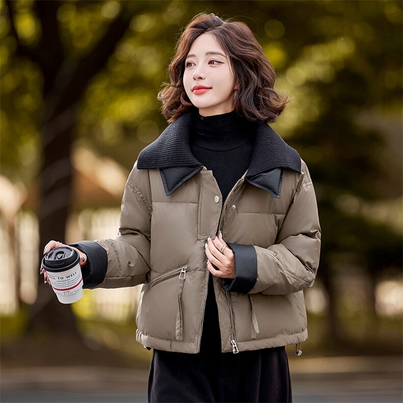 咖色高级感PU皮羽绒服女短款冬新款小个子保暖加厚50白鸭绒外套,女装羽绒服,依路服饰