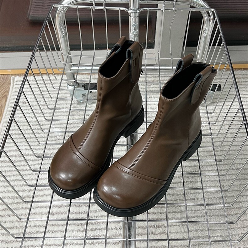 真皮马丁靴女2024秋冬新款粗跟复古英伦风短靴休闲百搭低筒靴子女，女鞋马丁靴，电商A223