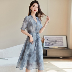 连衣裙女夏2024新款欧货宽松大码抽绳收腰显瘦a字中长款裙子，女装连衣裙，韩蔻秀