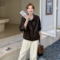 气质短款咖色皮衣外套女春秋2025新款小个子甜酷风PU夹克百搭爆款，女装皮衣，2C050